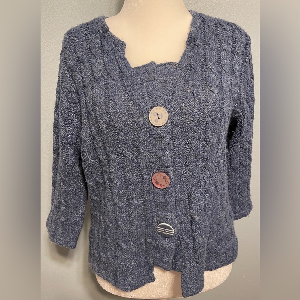 Per Una Blue Chunky Knit Cardigan Sweater Button Front Cottagecore Boho Medium